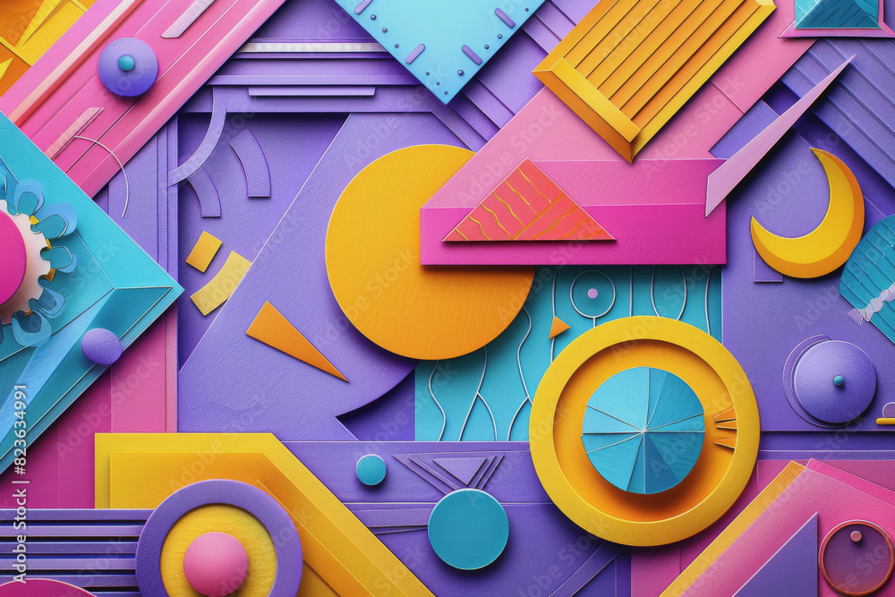 Abstract paper craft shapes in bright colors and photorealistic lilac background. Abstract paper craft shapes in bright colors and photorealistic lilac background.