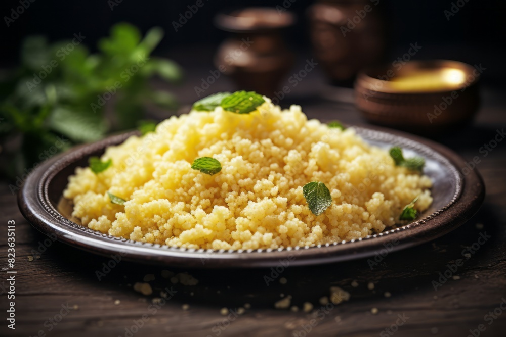 Juicy couscous on a rustic plate against a painted brick background Juicy couscous on a rustic plate against a painted brick background
