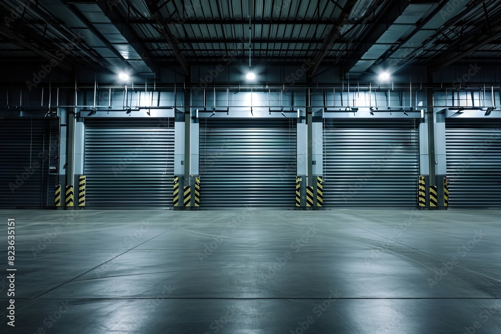 Interior of a warehouse, factory or warehouse for transportation and storage of goods Interior of a warehouse, factory or warehouse for transportation and storage of goods