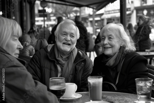 Black and white image of two senior people sitting in a cafe in Amsterdam