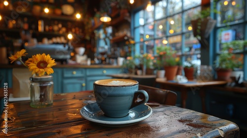 A warm setting featuring a blue coffee cup with steaming beverage in a cozy  ambient cafe