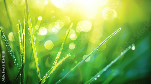 Transparent droplets of dew in grass on summer morning