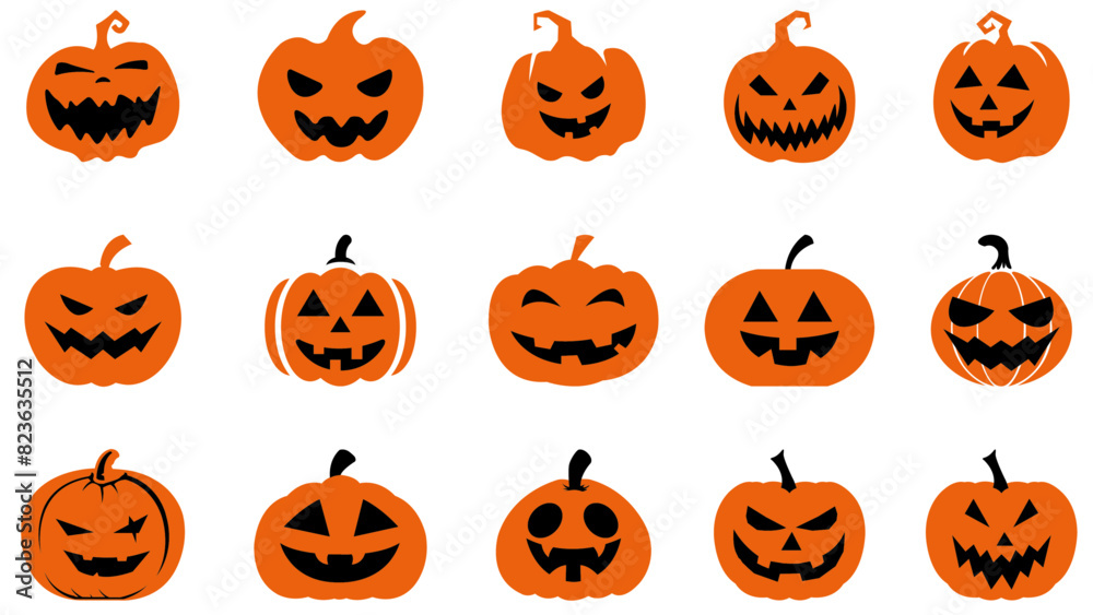 set of halloween pumpkins halloween pumpkin icons Icon illustration of a set of halloween pumpkin silhouettes of plants orange vector illustration