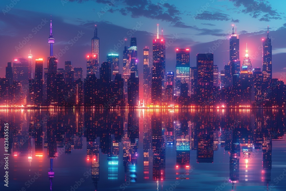 A futuristic cityscape at night, with towering skyscrapers bathed in vibrant neon lights that shimmer on the still water below