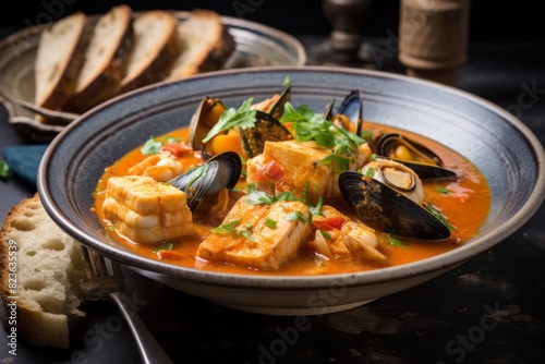 Tempting bouillabaisse on a rustic plate against a painted brick background