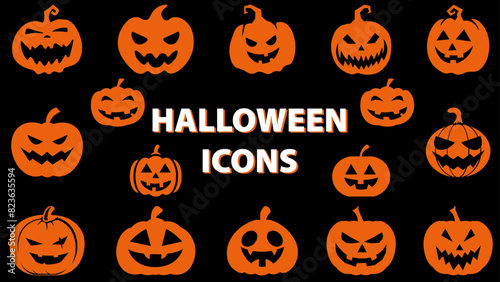 halloween pumpkin background set of halloween pumpkins halloween pumpkin icons Icon illustration of a set of halloween pumpkin silhouettes of plants orange vector illustration