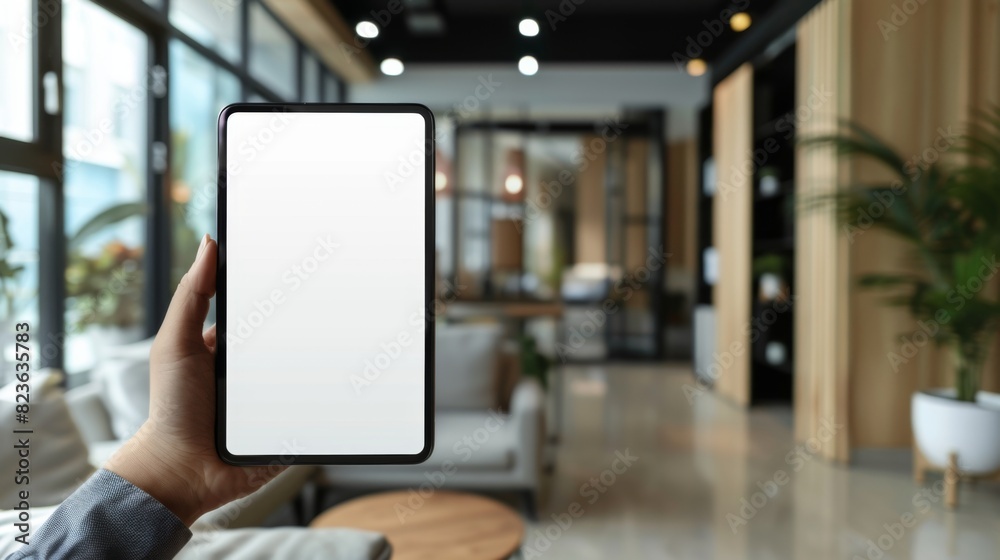 Business woman holding tablet in front of her with blank white screen, mock-up. Blurred office background. Business woman holding tablet in front of her with blank white screen, mock-up. Blurred office background.