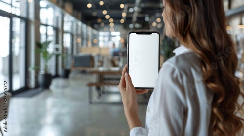 Business woman holding smartphone in front of her with blank white screen, mock-up. Blurred office background © photolas