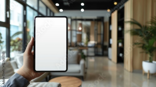 Business woman holding tablet in front of her with blank white screen, mock-up. Blurred office background.