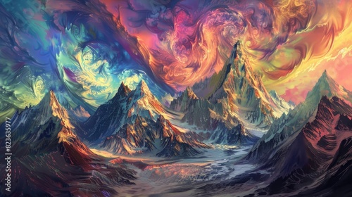 A surreal mountain landscape, with towering peaks and a sky filled with swirling colors.