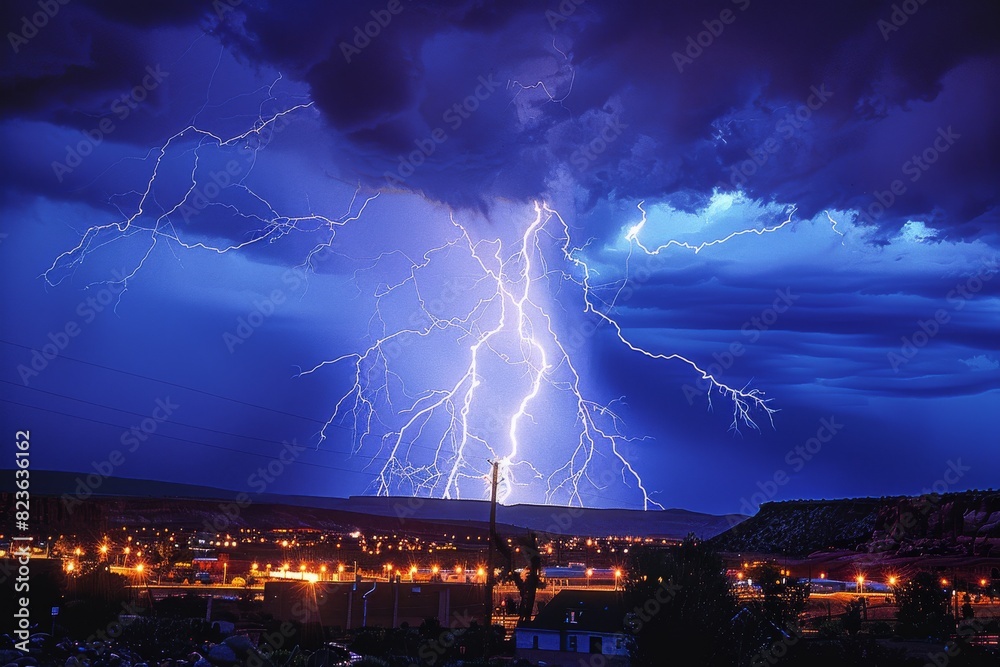 Lightning Strikes Over a City at Night