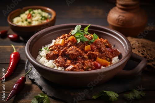 Tasty chili con carne on a rustic plate against a painted brick background