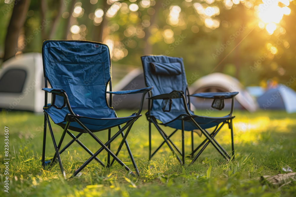 Camping outdoors with lots of sunlight with one tent Two outdoor camping chairs BBQ rack. Camping outdoors with lots of sunlight with one tent Two outdoor camping chairs BBQ rack.