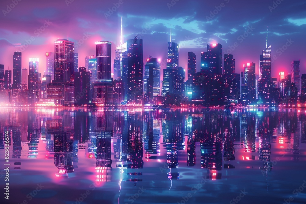 A breathtaking digital artwork depicting a bustling urban landscape at night. Skyscrapers pierce the dark sky, their facades illuminated by a dazzling display of neon lights reflected on the water