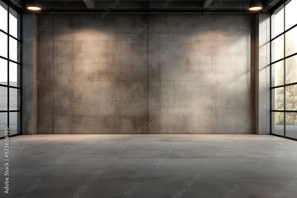 Empty Industrial Loft Style Room with Polished Concrete Walls and Large Nature-Facing Windows Empty Industrial Loft Style Room with Polished Concrete Walls and Large Nature-Facing Windows