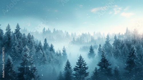 Enchanting forest scene with snow-covered trees, mist, and a star-filled sky creating a mystical atmosphere