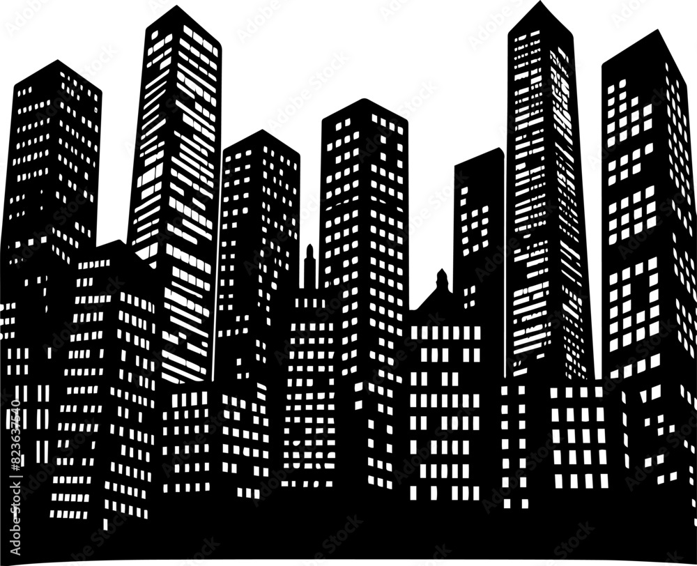 Abstract black and white city skyscrapers in perspective. AI generated illustration.