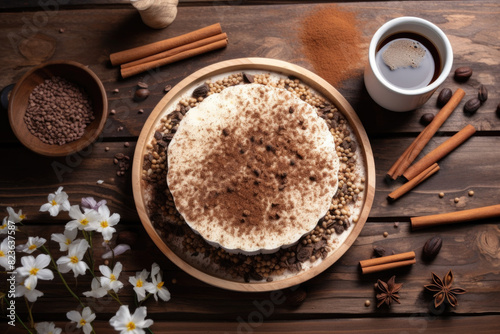 Aromatic Tiramisu Dessert with Fresh Coffee and Cinnamon on Rustic Wooden Table