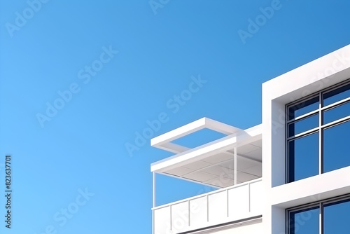 Minimalist Architecture Facades with Sleek White Exteriors and Striking Glass Windows Against a Bright Blue Sky