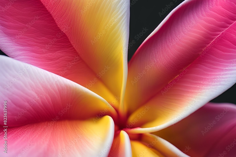 Close-up of Plumeria Petal, Color Gradients, Fine Lines, Macro Photography, Floral Details, Vibrant pink, purple, green and yellow Flower, High Resolution Close-up of Plumeria Petal, Color Gradients, Fine Lines, Macro Photography, Floral Details, Vibrant pink, purple, green and yellow Flower, High Resolution
