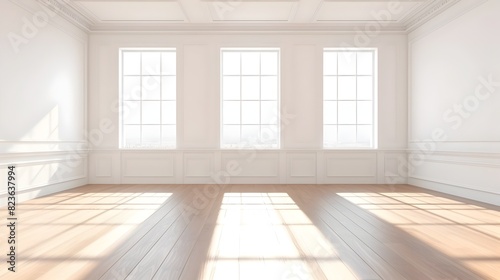 Serene Sunlit Empty Room with Classic Interior Design and Laminate Wood Flooring