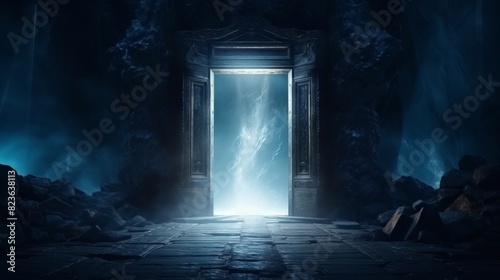 Mystical door in the night sky. photo