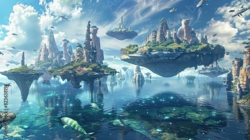 A surreal seascape  with floating islands and strange  alien creatures swimming in the water.