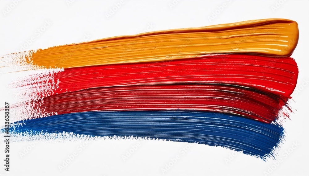 Bold red, blue, and gold acrylic paint strokes create dynamic artistry