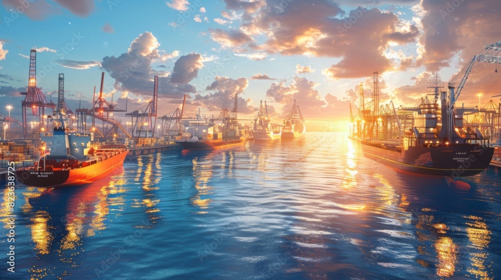 port serving as a global trade hub, with ships from various countries docked and a bustling atmosphere, in a detailed, photorealistic style. --ar 16:9 port serving as a global trade hub, with ships from various countries docked and a bustling atmosphere, in a detailed, photorealistic style. --ar 16:9