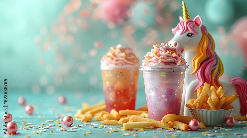 Fantasy illustration of a unicorn posing regally with a golden drumstick and French fries The background is a bright turquoise, with ample space around the unicorn for copy