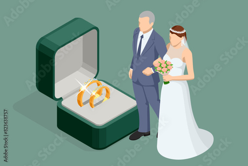 Isometric Golden wedding rings in a gift box, the groom in a suit and the bride in a brown wedding dress. Wedding ceremony. Wedding day.
