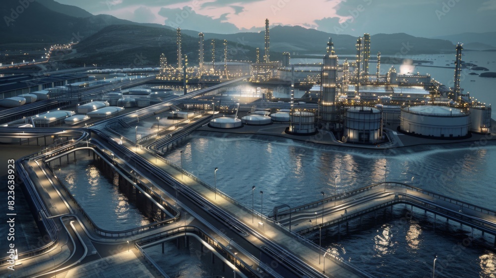 port with a high-tech oil terminal, featuring advanced pipeline systems and automated monitoring, in a sleek, modern style. --ar 16:9 --style raw Job ID: 67fa816e-1fc4-4a4b-8f6c-c3f7fd69d1b3