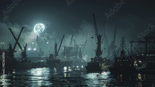 port under moonlight, with ships and cranes illuminated by the soft glow of the moon, in a serene, photorealistic style. --ar 16:9 --style raw Job ID: 9a77080d-ad5e-45c7-8178-9ae0d7d9237a photo