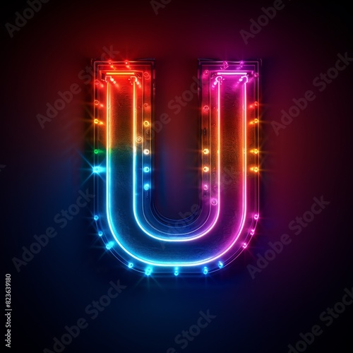 Letter U neon sign on dark background