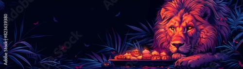Gothic illustration of a lion lying down with a tray of spookythemed snacks The background is a dark violet, providing space for text photo