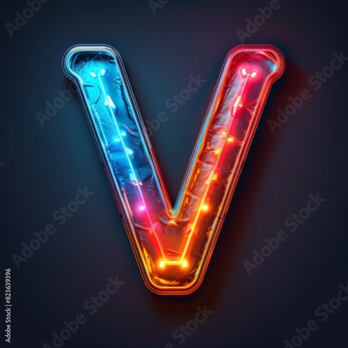 Letter V neon sign on dark background