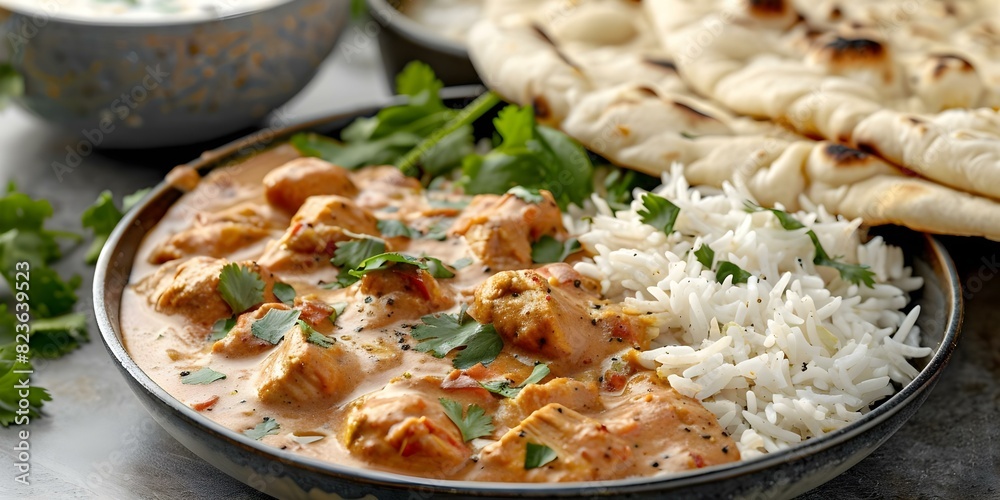 Spicy chicken tikka masala with rice and naan bread flavorful meal. Concept Indian Cuisine, Spicy Chicken Dish, Rice and Naan Bread, Flavorful Meal Spicy chicken tikka masala with rice and naan bread flavorful meal. Concept Indian Cuisine, Spicy Chicken Dish, Rice and Naan Bread, Flavorful Meal