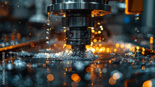 Close-up showing the CNC milling cutter in action, surrounded by a shower of sparks and metal debris photo