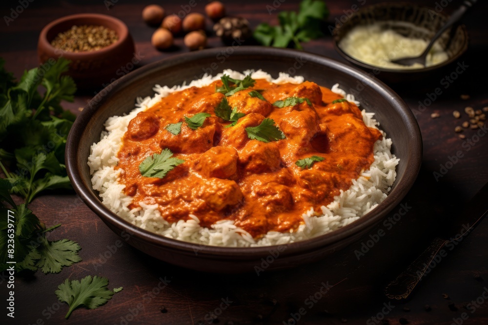 Tempting chicken tikka masala on a ceramic tile against a painted brick background Tempting chicken tikka masala on a ceramic tile against a painted brick background