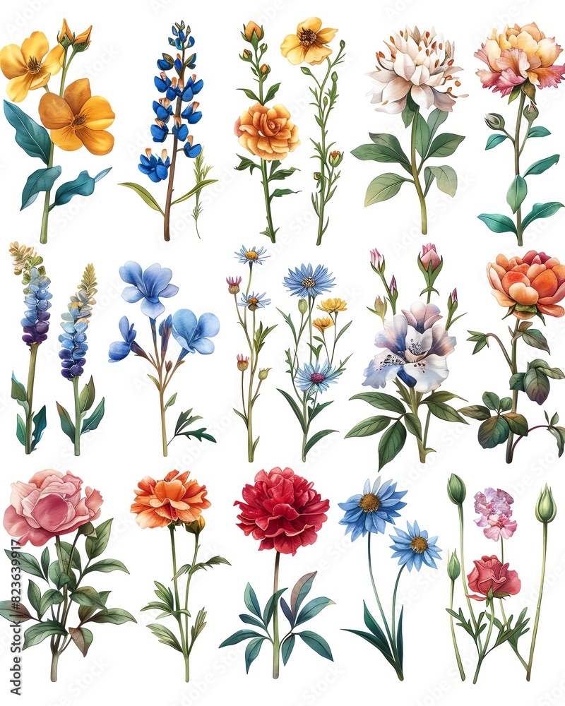 A compilation of vintage garden blooms, elegantly captured as individual watercolor
