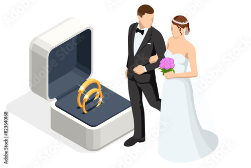 Isometric Golden wedding rings in a gift box, the groom in a suit and the bride in a brown wedding dress. Wedding ceremony. Wedding day.