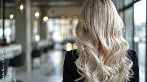 Elegant portrayal of a woman at a hair salon, showcasing her curly blonde hair and modern hairstyling