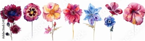 Botanical illustration pack featuring a diverse array of flowers rendered in vivid watercolors  each bloom meticulously detailed and isolated  perfect for clipart in naturethemed projects