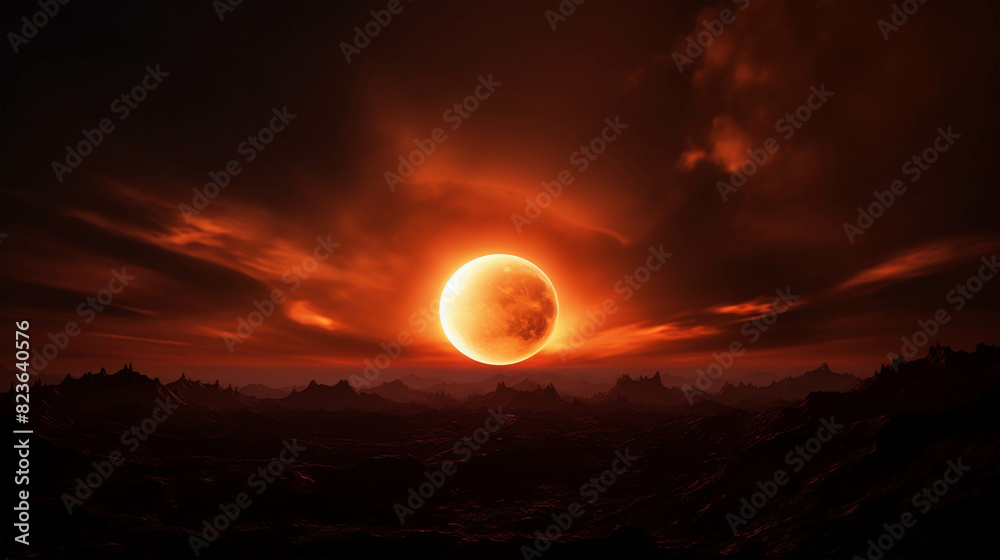 Stunning red solar eclipse over a dramatic landscape with glowing clouds and dark silhouettes, creating an awe-inspiring and mystical scene. Stunning red solar eclipse over a dramatic landscape with glowing clouds and dark silhouettes, creating an awe-inspiring and mystical scene.