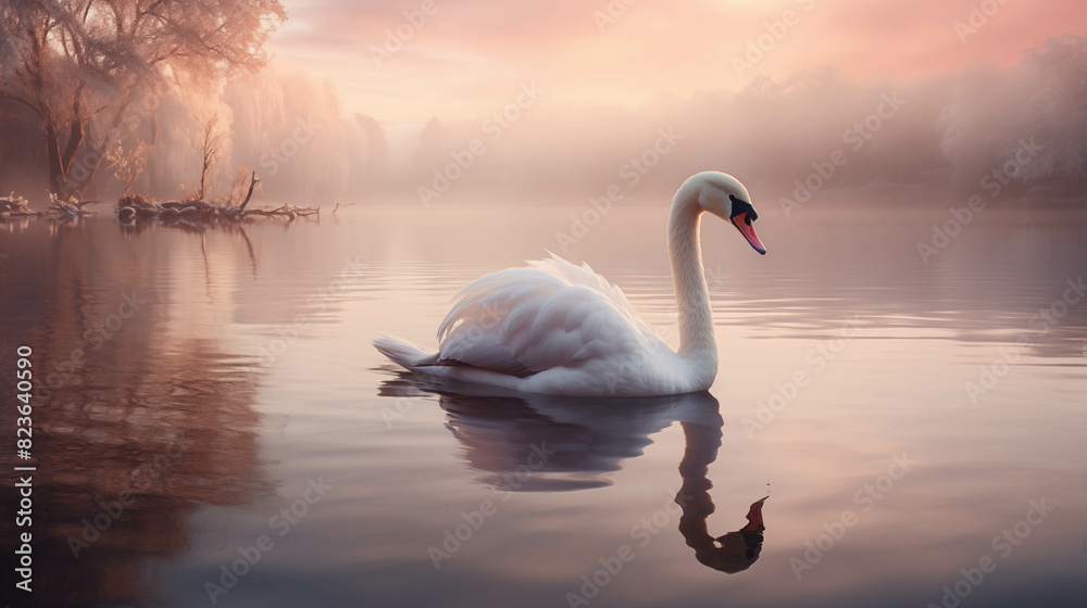 Obraz premium Serene swan glides on calm lake during a misty sunrise, surrounded by a tranquil natural landscape reflecting in the water.
