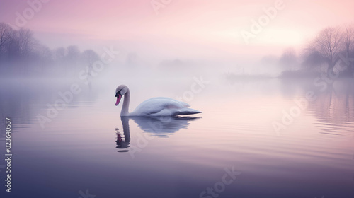Serene swan gracefully gliding on calm misty lake during stunning pink sunrise  surrounded by dreamy and tranquil atmospheric landscape.
