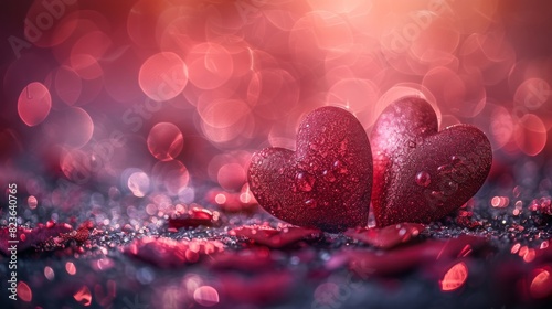 A pair of sparkling red hearts with a dreamy bokeh effect conjures romance and love