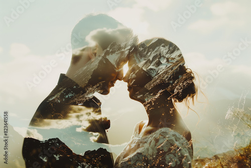 A double exposure of a bride and groom and mountains in the background wedding photo. photo