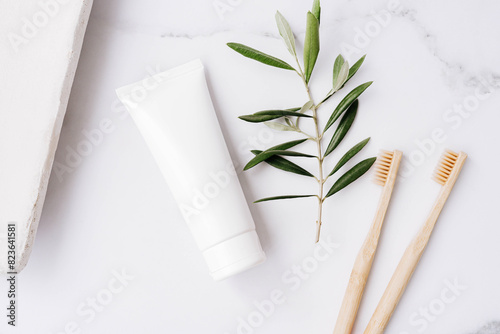 Top view of white plastic tube without label, bamboo toothbrushes and olive branch on white background