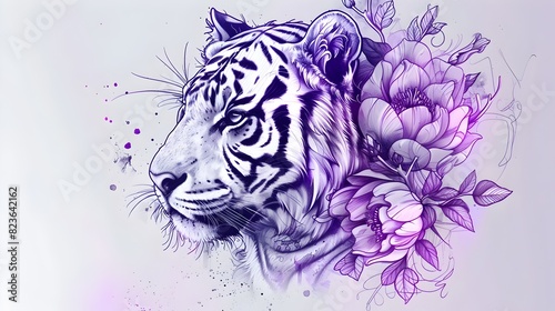Majestic Tiger Amidst Ethereal Purple Floral Artwork